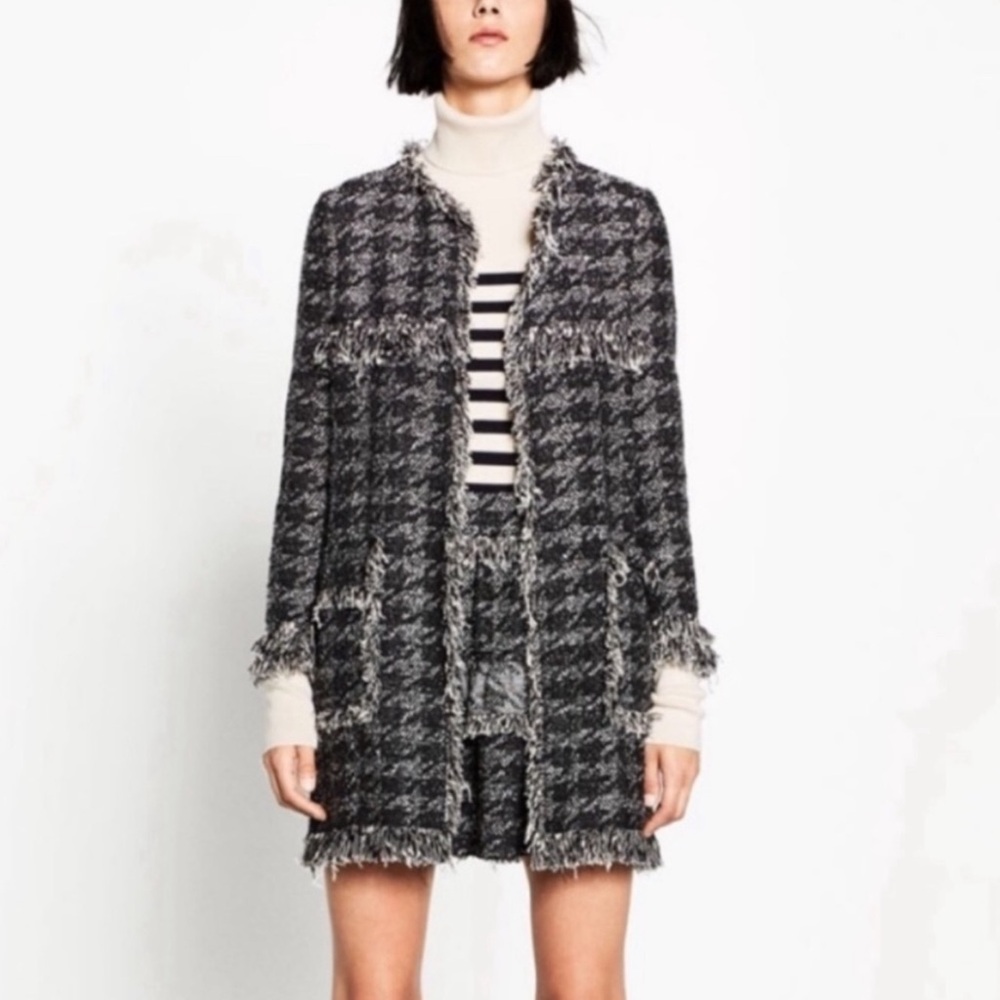 Zara Houndstooth Fringed Blazer Jacket